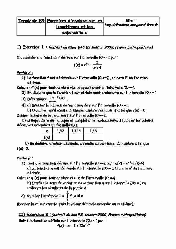 [PDF] Terminale ES Exercices danalyse sur les logarithmes et les  - Free