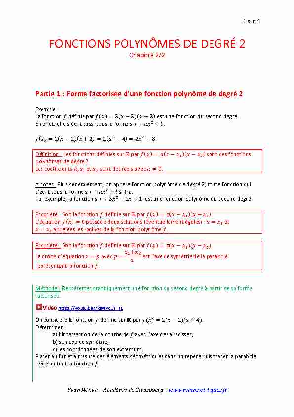 pdf FONCTIONS POLYNÔMES DE DEGRÉ 2 - maths et tiques
