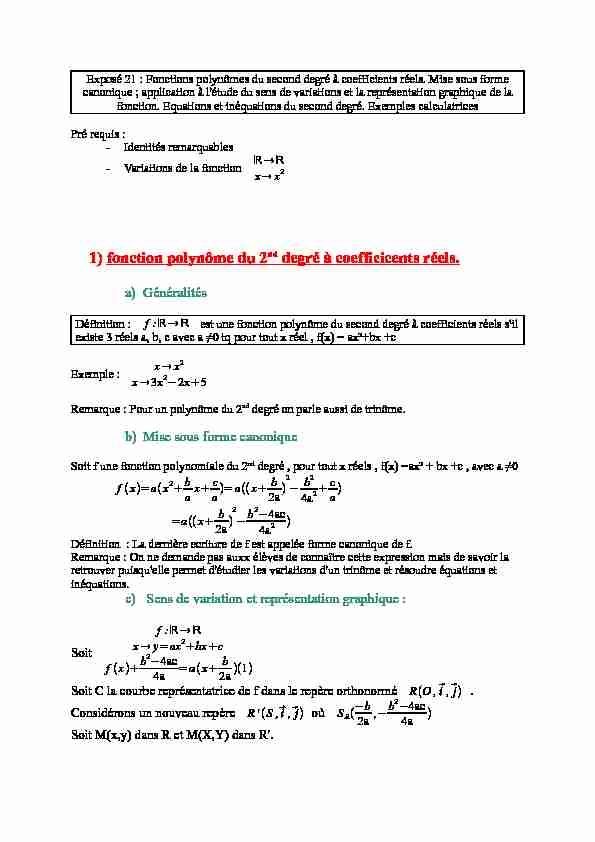 [PDF] 1) fonction polynôme du 2nd degré à coefficicents réels