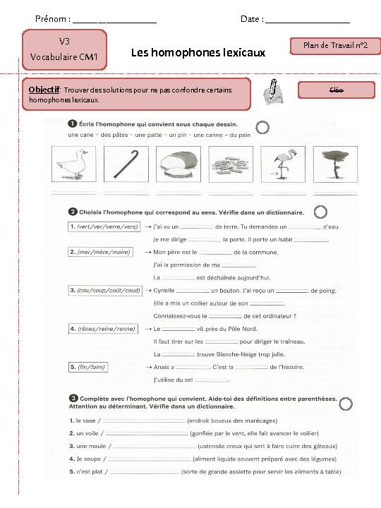 [PDF] V3 Vocabulaire CM1 Les homophones lexicaux Prénom