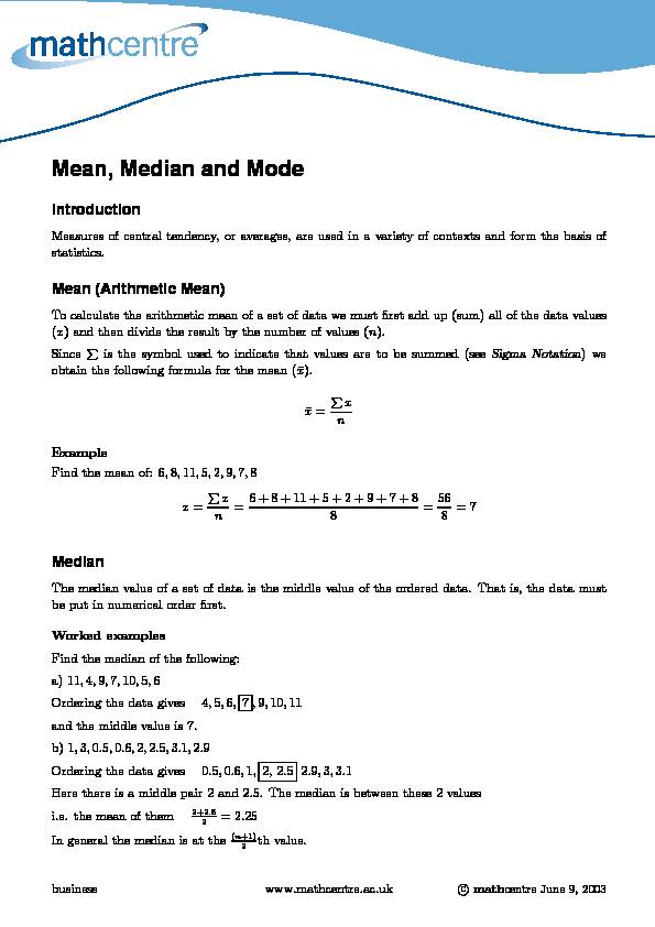 [PDF] Mean, Median and Mode - Statstutor