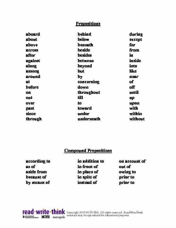 [PDF] Prepositions - ReadWriteThink