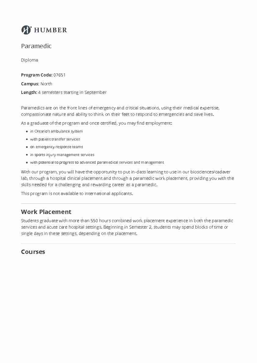 Work Placement Courses Paramedic