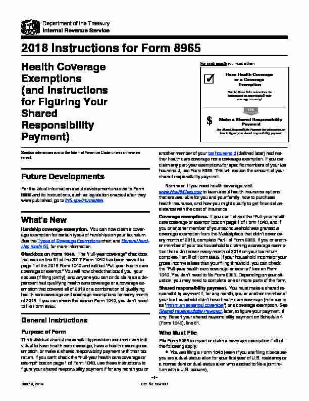 2018 Instructions for Form 8965 - Health Coverage Exemptions (and