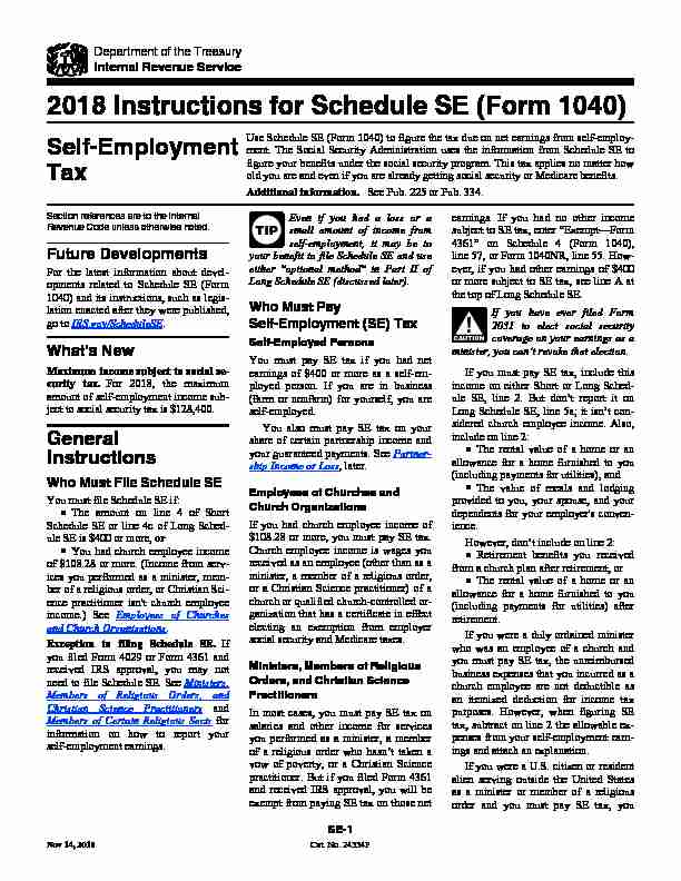 2018 Instructions for Schedule SE (Form 1040) - Self-Employment Tax