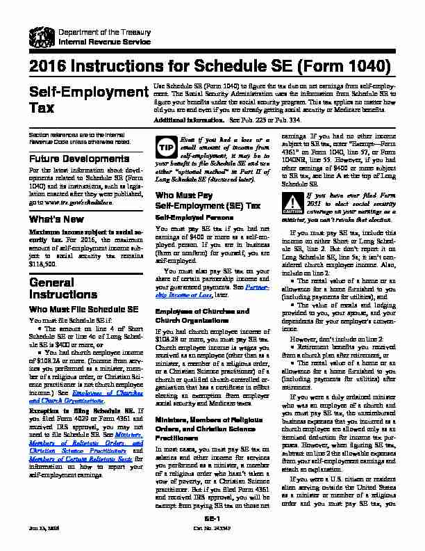 2016 Instructions for Schedule SE (Form 1040) - Self-Employment Tax