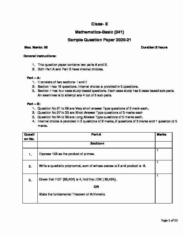 Class- X Mathematics-Basic (241) Sample Question Paper 2020-21