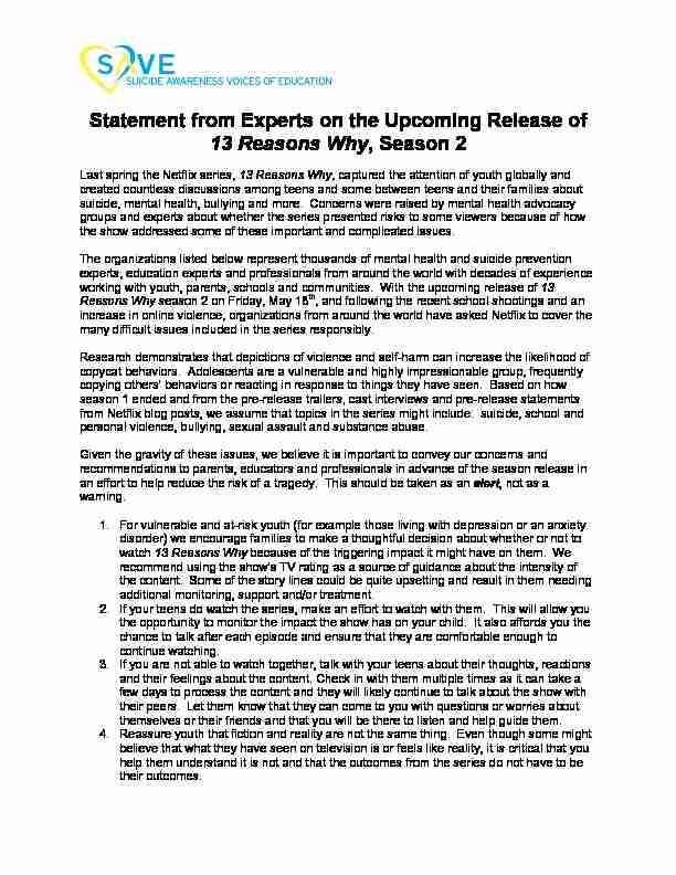 [PDF] Statement from Experts on the Upcoming Release of 13 Reasons