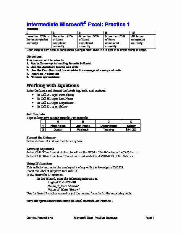 [PDF] Intermediate Microsoft Excel: Practice 1 - The Sanskaar Valley School