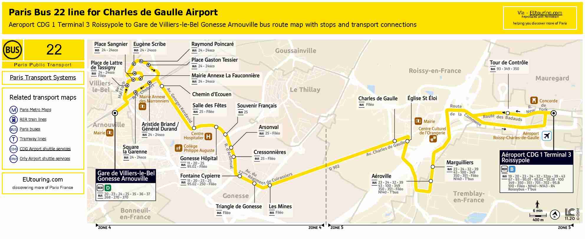 Paris Bus 22 map for CDG airport SQ - EUtouring.com