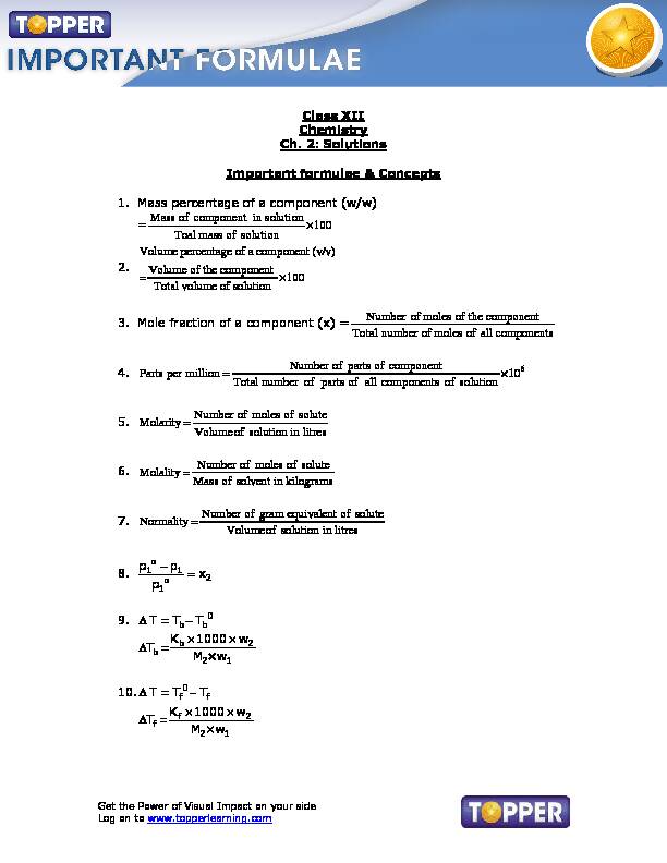 Class XII Chemistry Ch. 2: Solutions Important formulae & Concepts