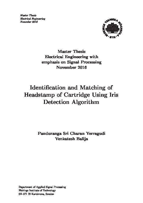 Identi cation and Matching of Headstamp of Cartridge Using Iris
