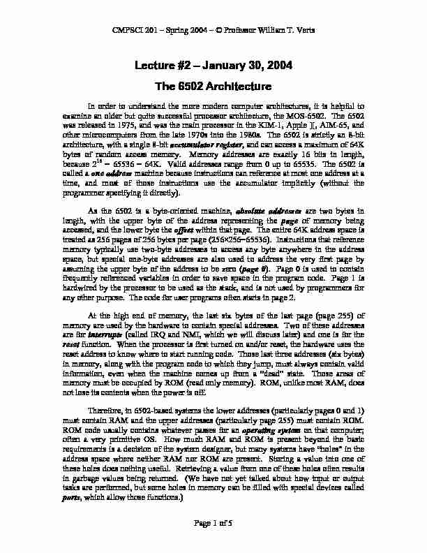 [PDF] 6502 architecture - Lecture   – January 30, 2004