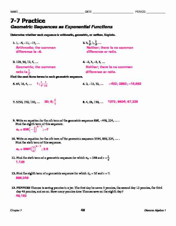 [PDF] 7-7 Practice - Geometric Sequences as Exponential Functions