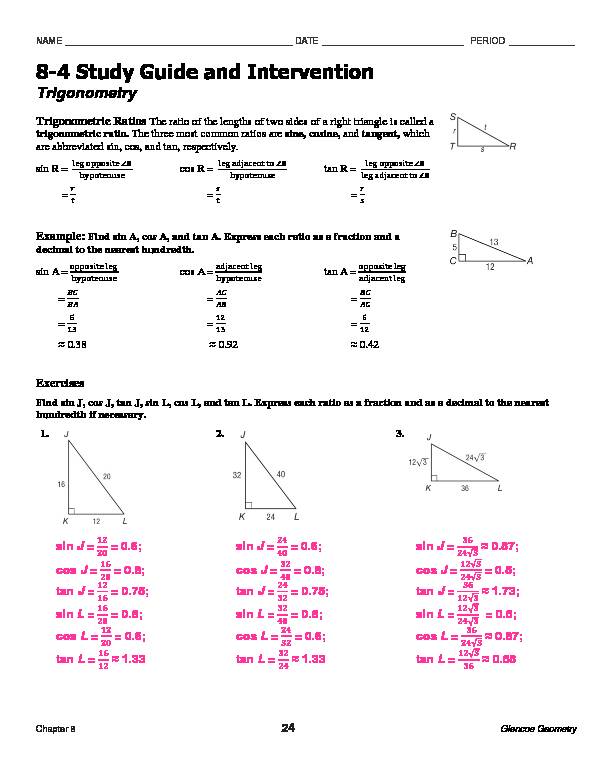 8-4 Study Guide and Intervention - Trigonometry