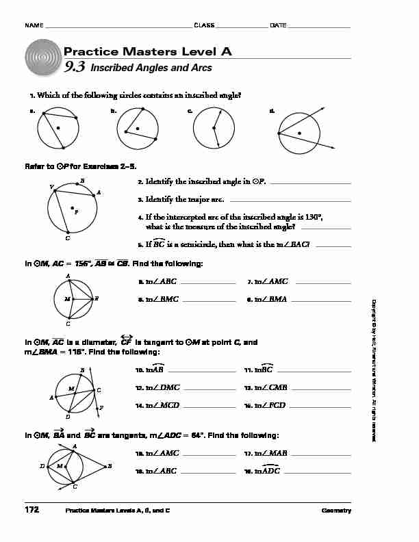 Practice Masters Level A - 9.3 Inscribed Angles and Arcs
