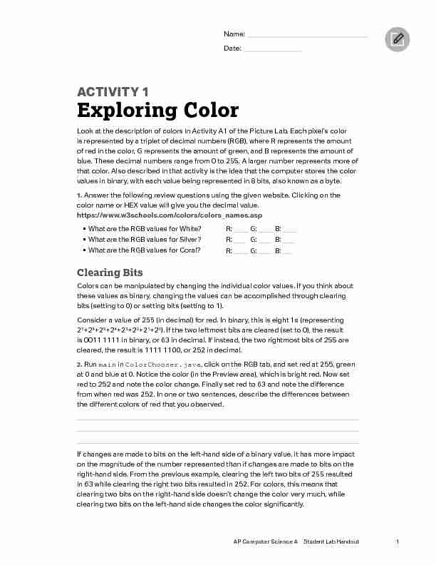 AP Computer Science A Student Lab Handout 3 - Exploring Color