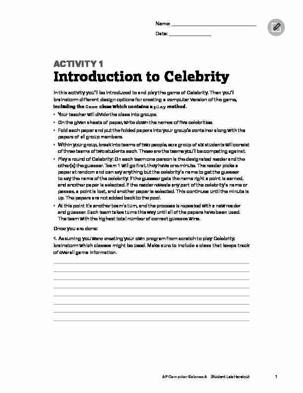 AP Computer Science A Celebrity Lab Student Guide