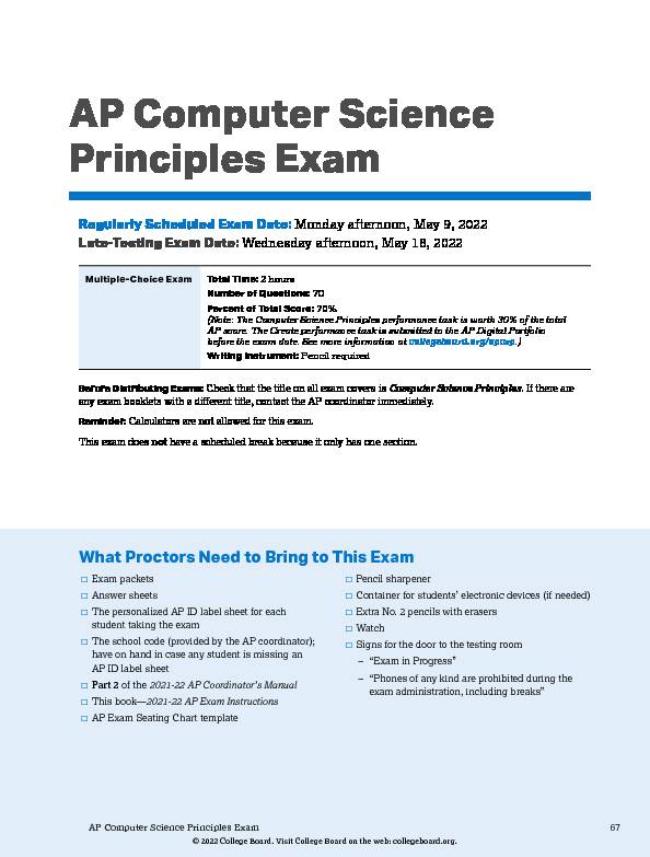 2021-22 AP Computer Science Principles Exam Instructions