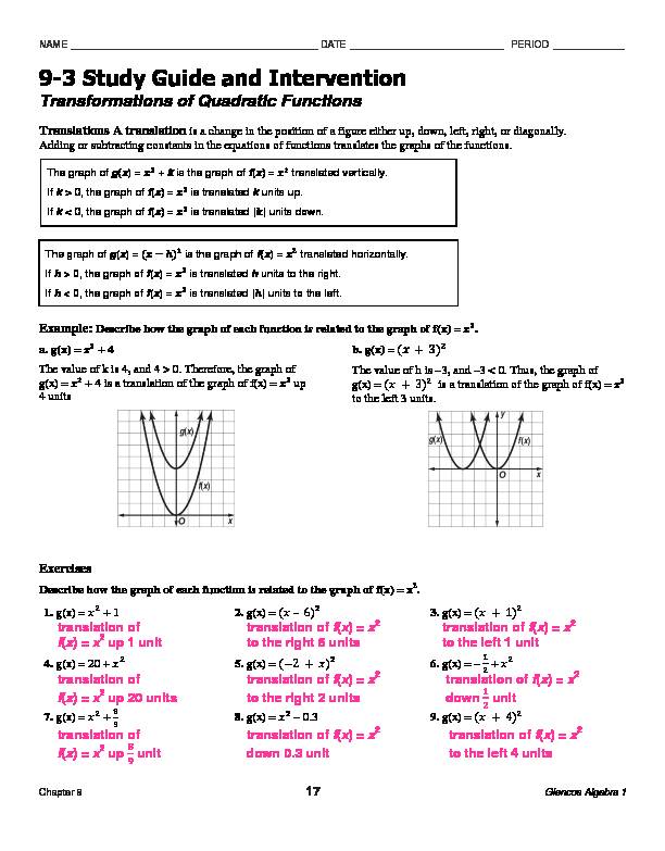 9-3 Study Guide and Intervention - Transformations of Quadratic