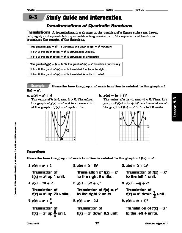 [PDF] Study Guide and Intervention Transformations of Quadratic Functions