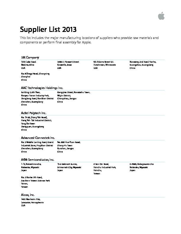 [PDF] Official Apple Supplier List for 2013 - The Tyee