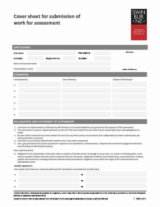 Cover sheet for submission of work for assessment