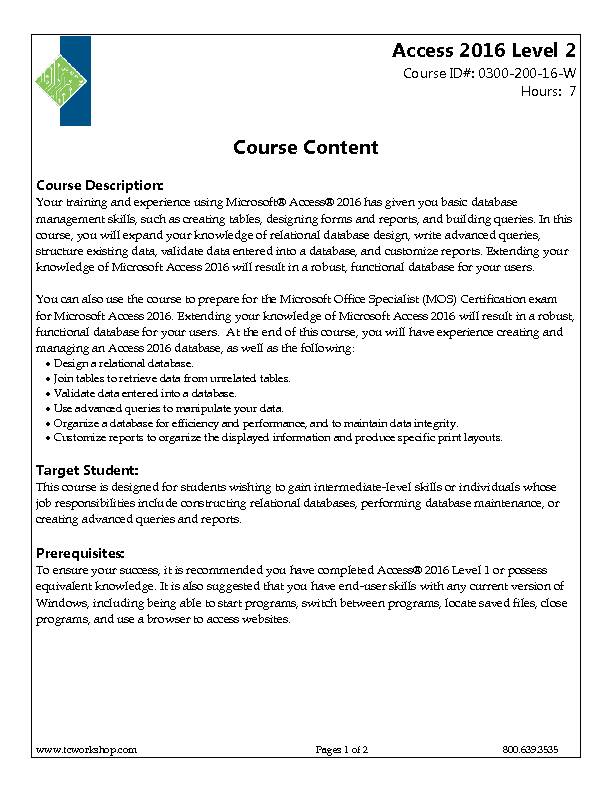 [PDF] Access 2016 Level 2 Course Content