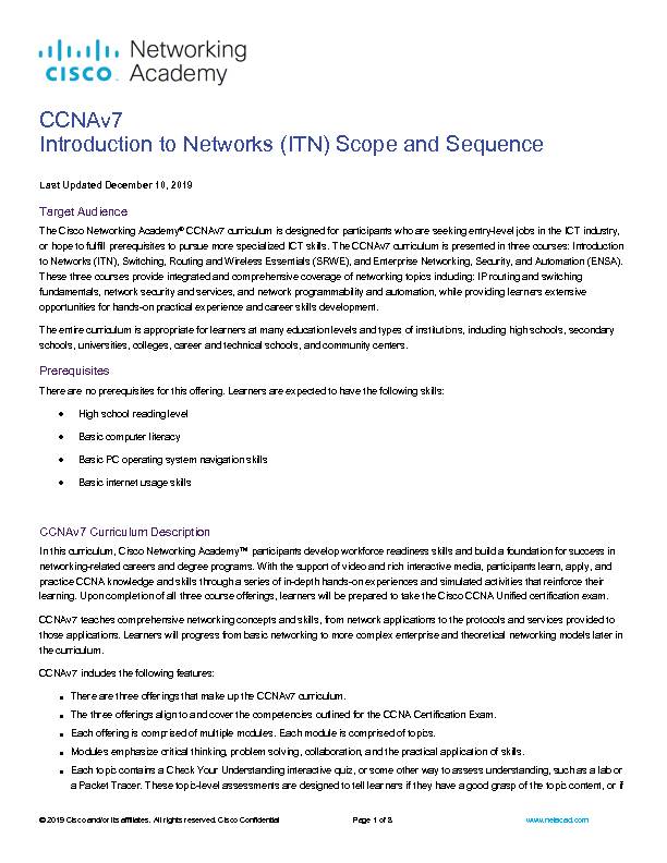 CCNAv7 Introduction to Networks (ITN) Scope and Sequence