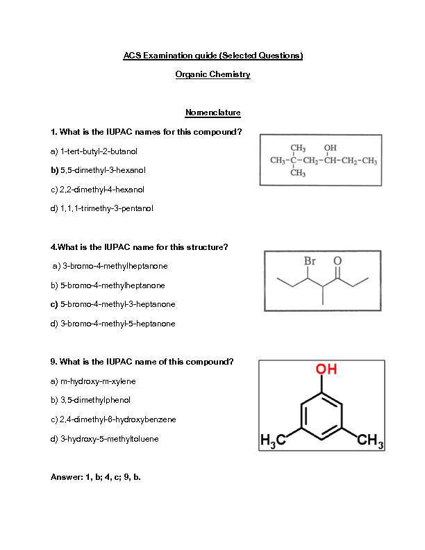ACS Examination guide (Selected Questions) Organic Chemistry