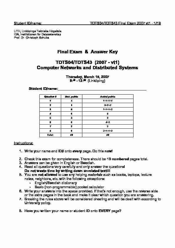 Final Exam & Answer Key TDTS04/TDTS43 (2007 - vt1) Computer