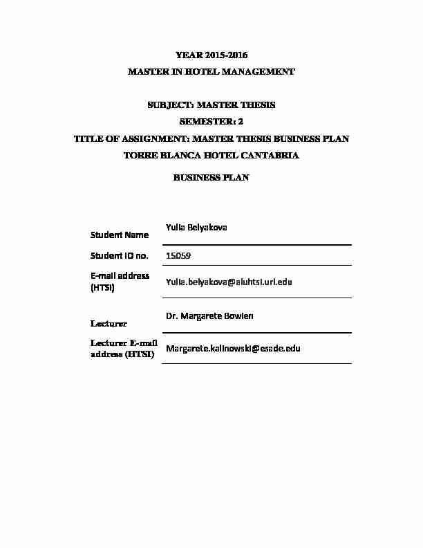 YEAR 2015-2016 MASTER IN HOTEL MANAGEMENT SUBJECT
