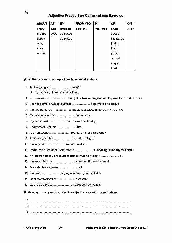 Adjective Preposition Combinations Exercise