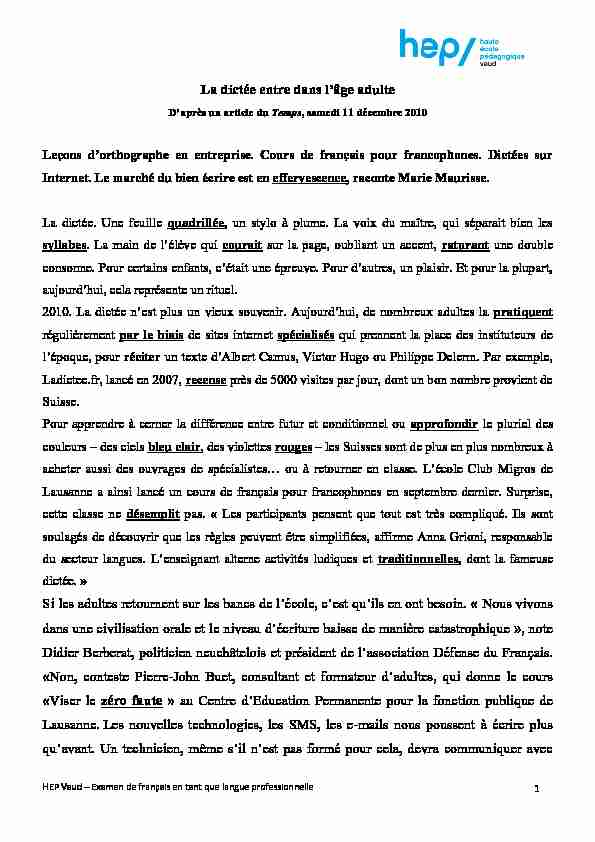 [PDF] Corrigé dictée lacunaire juin 2013 - Portail candidat HEP VAUD