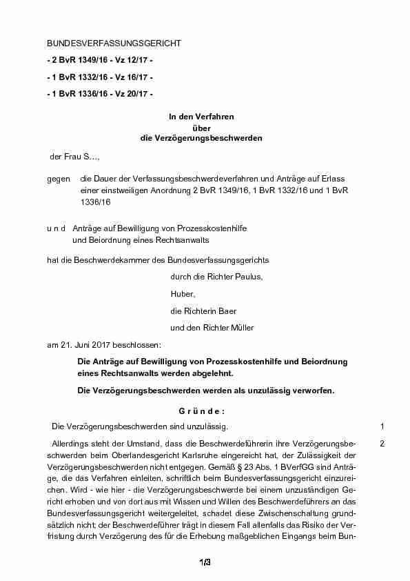 BVerfG Beschluss der Beschwerdekammer vom 21. Juni 2017 - Vz