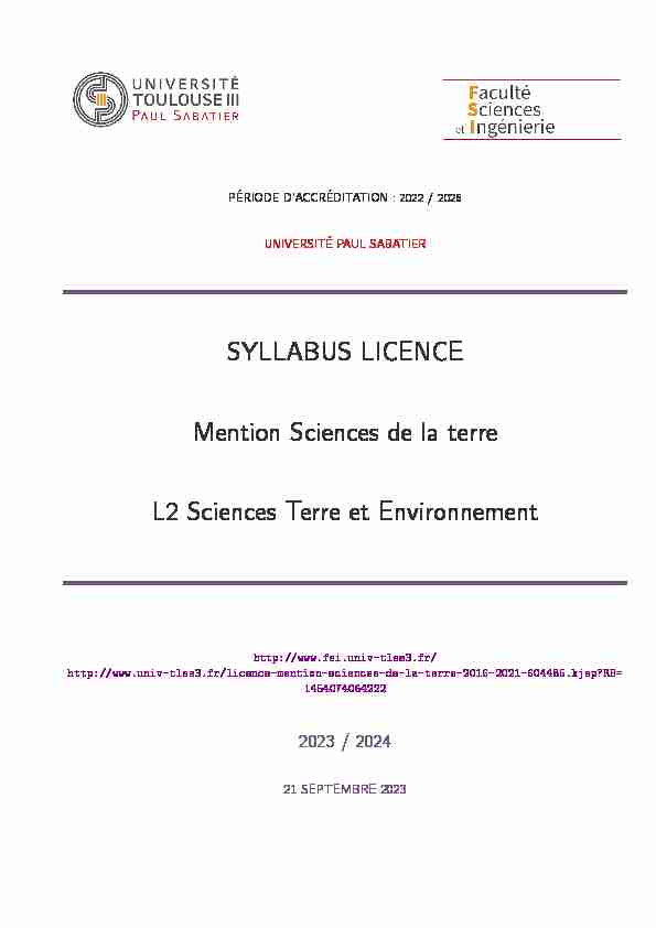 SYLLABUS LICENCE Mention Sciences de la terre L2 Sciences