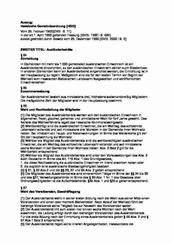 Auszug: Hessische Gemeindeordnung (HGO) Vom 25. Februar