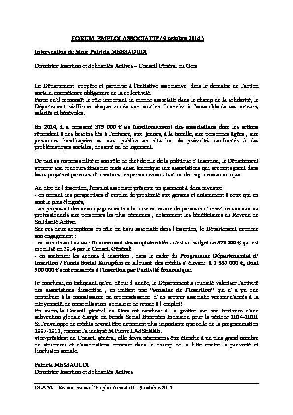 [PDF] Intervention Patricia Messaoudi - Conseil Général du gers