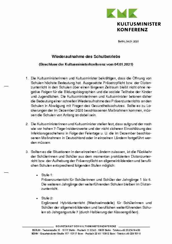 [PDF] Wiederaufnahme des Schulbetriebs - KMK