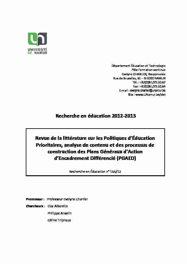 Recherche en éducation 155-12 - Analyse des PGAED - DET - FWB