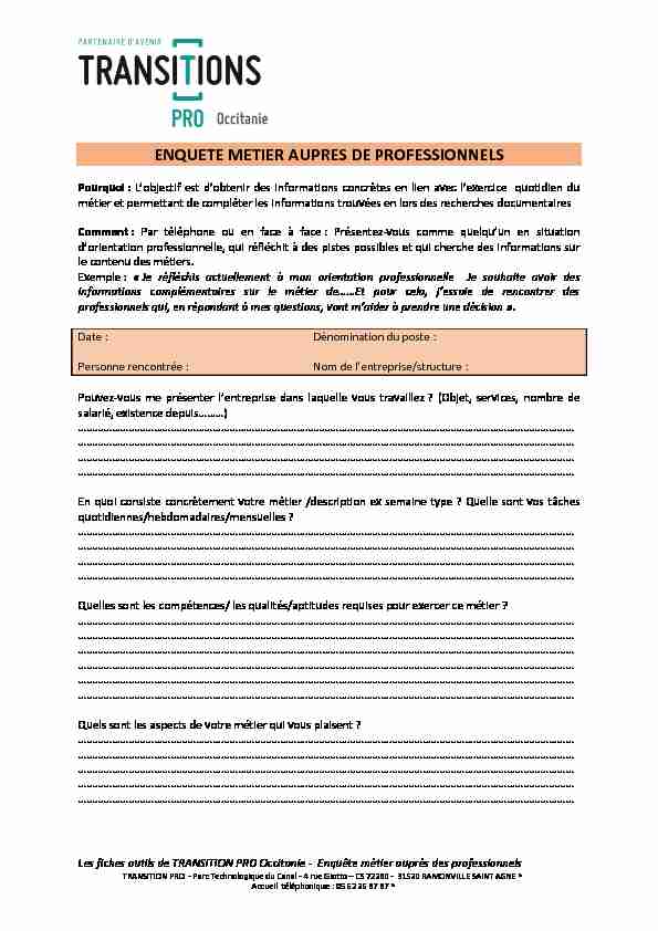 ENQUETE METIER AUPRES DE PROFESSIONNELS - Transitions Pro