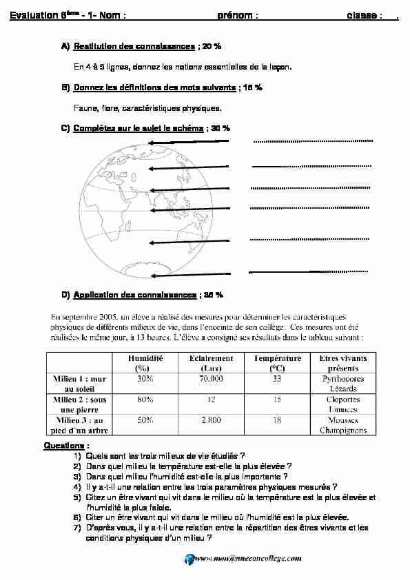 [PDF] Evaluation 6ème - 1- Nom : prénom : classe :  - Monanneeaucollege