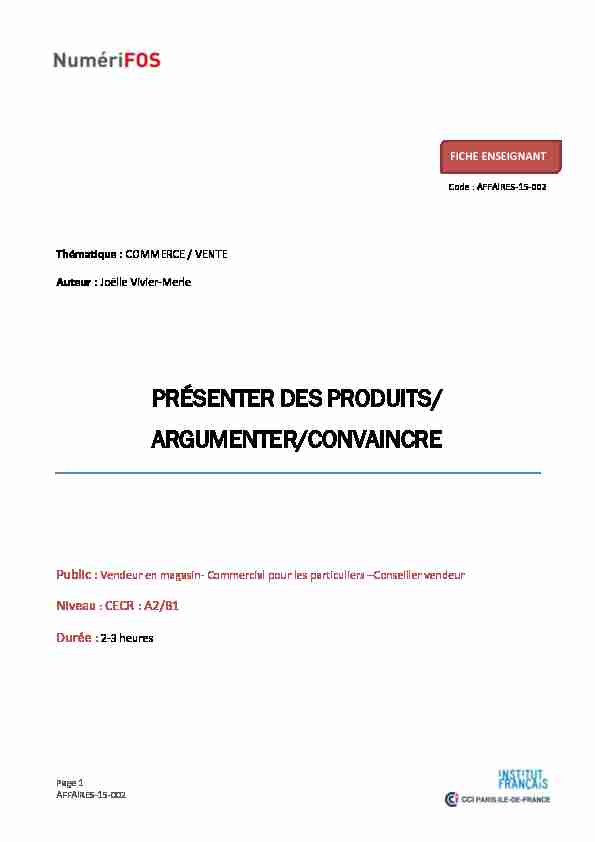 [PDF] PRÉSENTER DES PRODUITS/ ARGUMENTER/CONVAINCRE