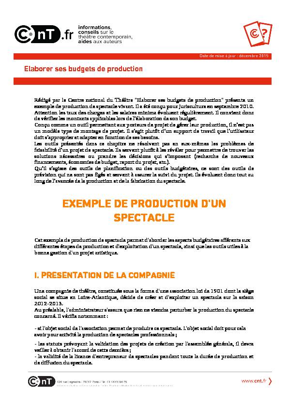 EXEMPLE DE PRODUCTION D'UN SPECTACLE - CCCommunication