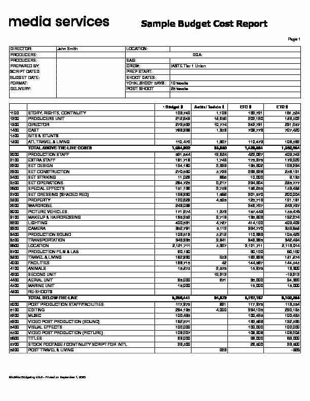 Sample Film Budget Cost Report - Media Services