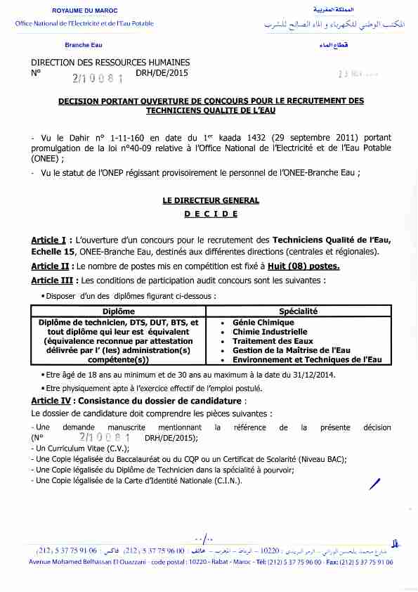 [PDF] Technicien Qualité de lEau - ONEE - Branche Eau