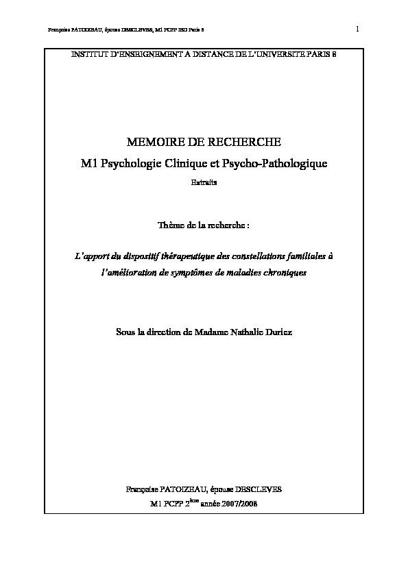 [PDF] MEMOIRE DE RECHERCHE M1 Psychologie Clinique et Psycho