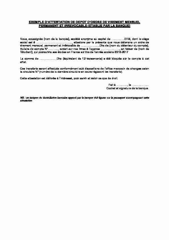 [PDF] EXEMPLE DATTESTATION DE DEPOT DORDRE DE VIREMENT