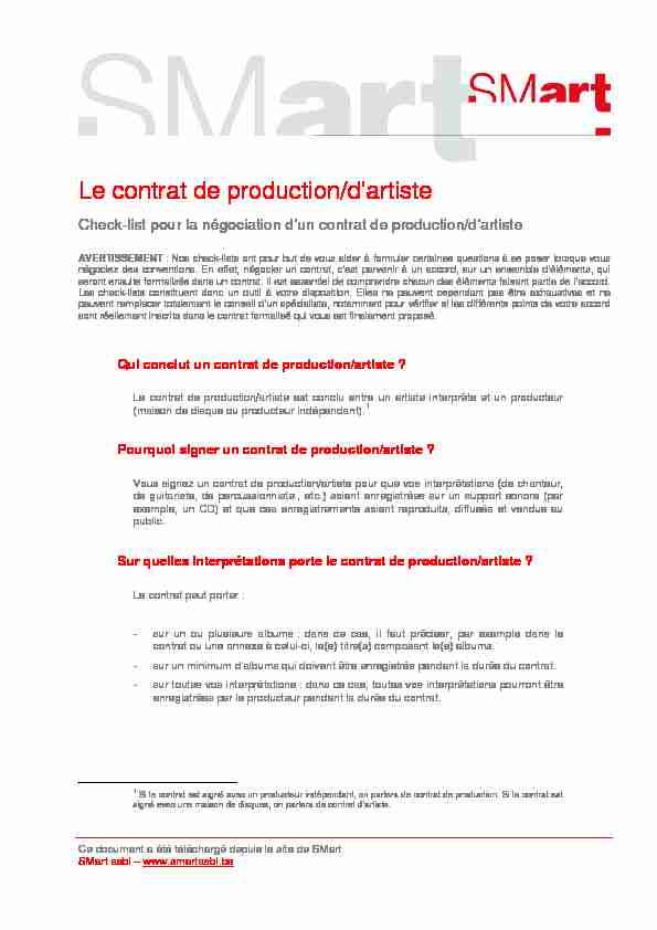 Le contrat de production/d’artiste - Smart Be