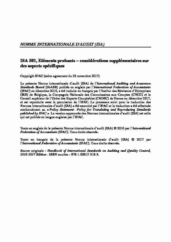 NORME INTERNATIONALE DAUDIT (ISA) ISA 501 Eléments